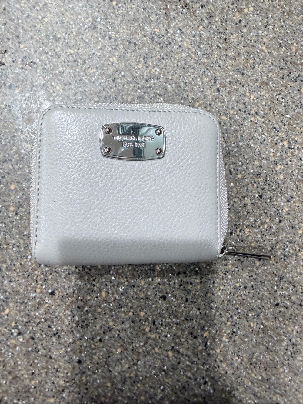 Michael Kors Light Gray Leather Zip Wallet with Metal Logo Plate